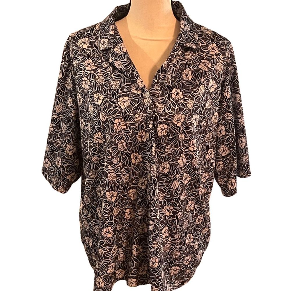 Vtg 90s Blair Floral Hawaiian Polyester Navy Ladie’s Button Up Shirt Sz M/L